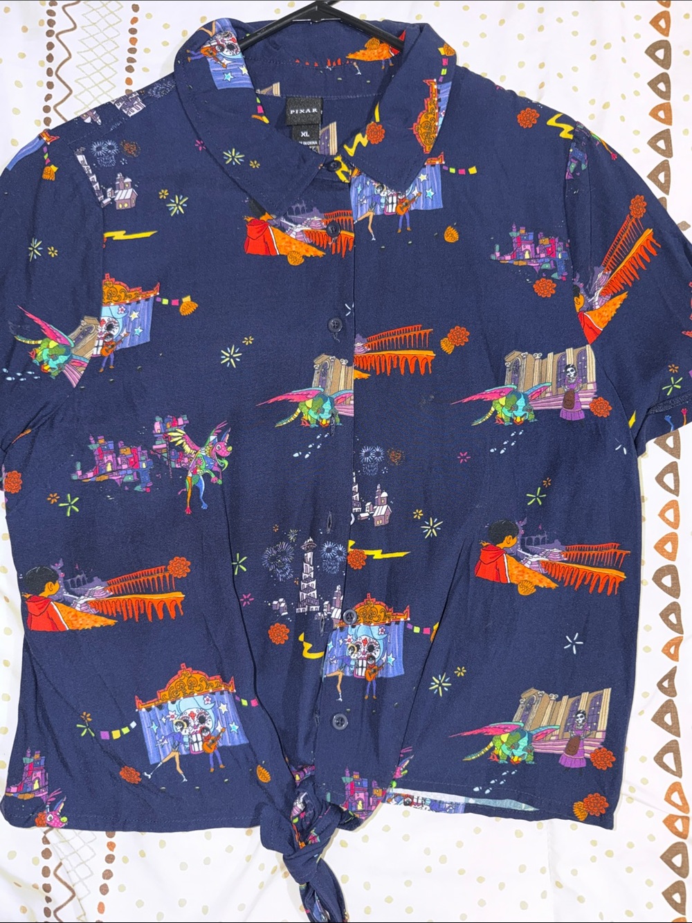 Disney Navy Blue Short-Sleeve Button Front Top with Multicolor Print